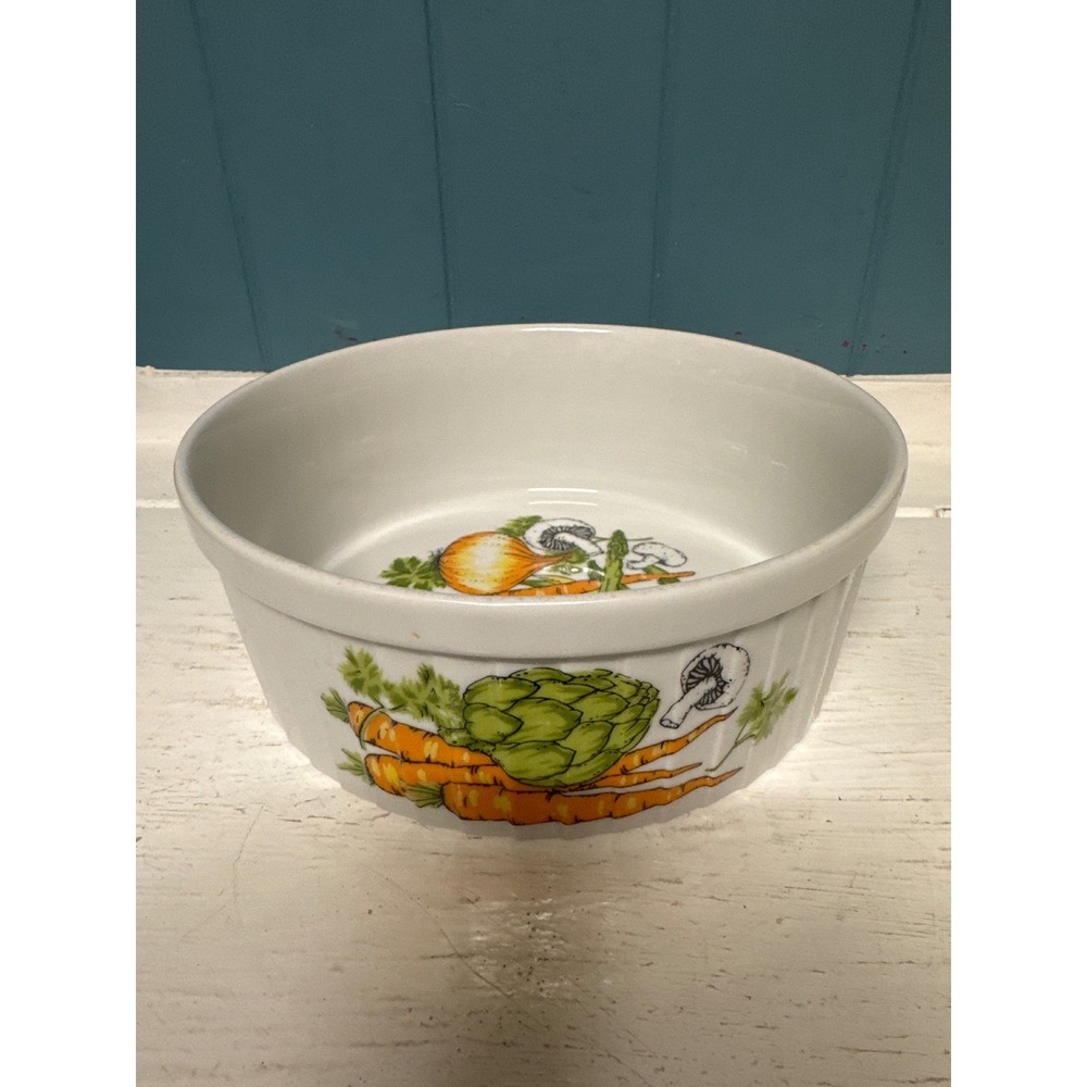 Vintage Styson Co.‎ Ceramic Ramekin Bowl Vegetable Garden Print Soufflé Dish